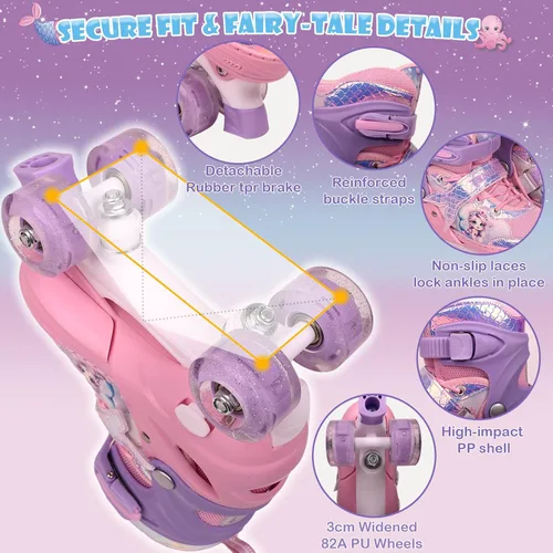 Miniatura 4 de Patines de sirena ajustables para niños y niñas con ruedas con luz LED, patines para interiores y exteriores para niños principiantes, juego