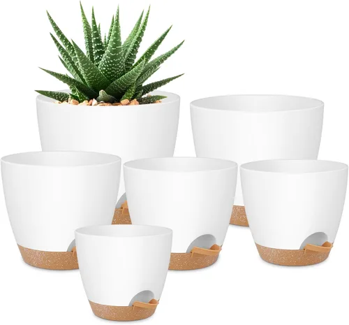 Miniatura 13 de QRRICA Macetas para Plantas de 8/7/6.5/6/5.5/5 Pulgadas con Autoriego, Juego de 6 Macetas de Plástico con Agujeros de Drenaje y Platillos, Macetas
