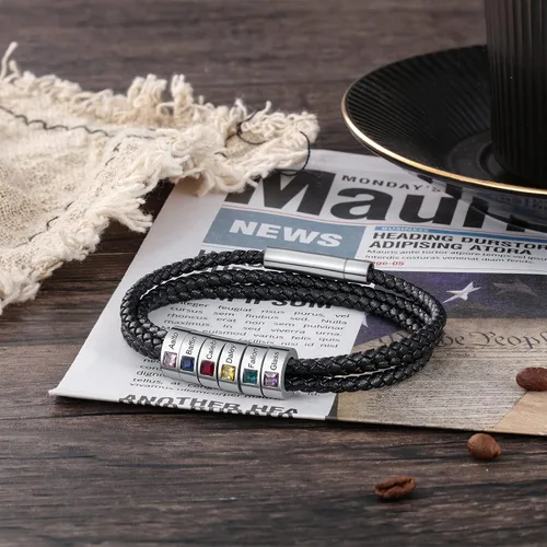 Miniatura 27 de Pulsera personalizada para el Día del Padre para hombre, pulseras personalizadas de cuero trenzado negro con cuentas grabadas de 1 a 8 nombres