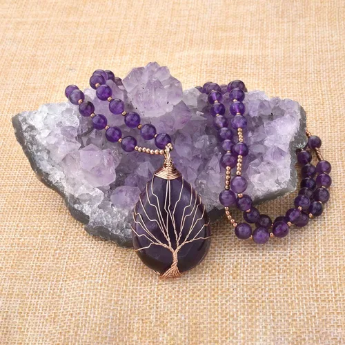 Miniatura 2 de Jovivi Collar de cristales curativos de cuarzo amatista natural, con dije de piedra preciosa de chakra envuelto en lágrima envuelta en alambre de 28