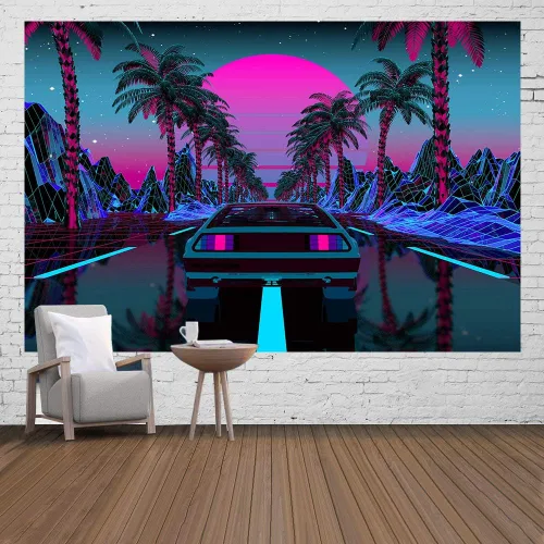 Miniatura 11 de Ine Ive Tapiz de coche de los años 80, escena urbana de la calle, palmeras, puesta de sol, cielo estrellado, tapiz de pared punk, 40 x 30 pulgadas