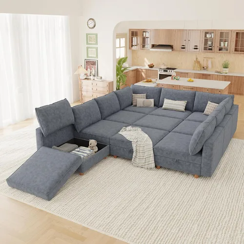 Miniatura 38 de 95.5" Sofá seccional modular de chenilla con almacenamiento oculto, sofá cama convertible en forma de L y U, sofá seccional moderno de 6 plazas