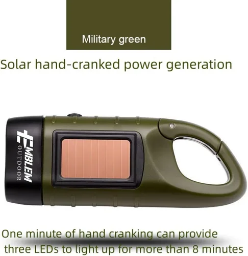 Miniatura 10 de Emblem OD linterna solar con manivela, linterna de emergencia recargable LED para supervivencia con dinamo, manivela y clip de mosquetón. Recargable