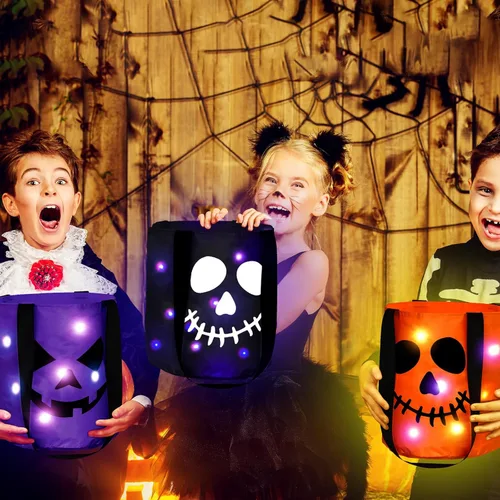 Miniatura 3 de Yaomiao 4 cubos de Halloween para niños con luz LED para dulces de calabaza, cestas de regalo reutilizables para suministros de fiesta (colorido)
