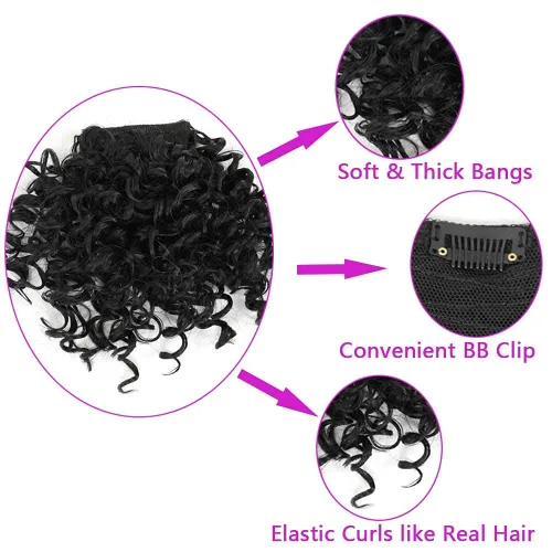Miniatura 4 de Peluca rizada con flequillo corto afro para mujeres negras, G&T Wig, rizos esponjosos, flequillo clip-in (1B, flequillo simple)