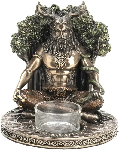 Veronese Design 5 1/4 pulgadas de alto dios celta Cernunnos candelita candelita Escultura de resina bronceada fundida en frío Wiccan Decoración del