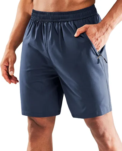 Miniatura 14 de MIER - Pantalones cortos de correr para hombre, de secado rápido, con bolsillo con cremallera, cintura elástica, pantalones cortos atléticos