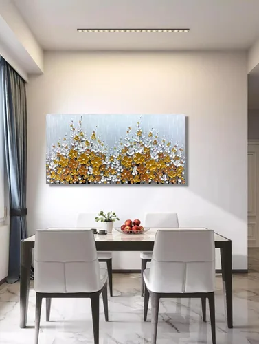 Miniatura 2 de Yika Art Pinturas – Arte de pared de árbol de flores de plata dorada 3D de 24 x 48 pulgadas, cuchillo texturizado abstracto, pintura acrílica sobre