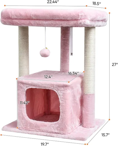Miniatura 3 de SYANDLVY Árbol pequeño para gatos de interior para adultos grandes, torre de actividades de 27 pulgadas con postes rascadores, casa moderna con Rosa