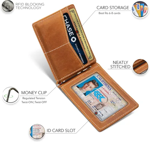 Miniatura 11 de Serman Brand RFID billetera de bloqueo Slim Bifold – cuero genuino minimalista bolsillo frontal carteras para hombres con clip para dinero, cartera