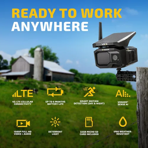Miniatura 2 de Vosker VKX Farmers Pack - Cámara de seguridad solar 4G LTE, vigilancia inalámbrica al aire libre para granjas, cobertizos y propiedades rurales,