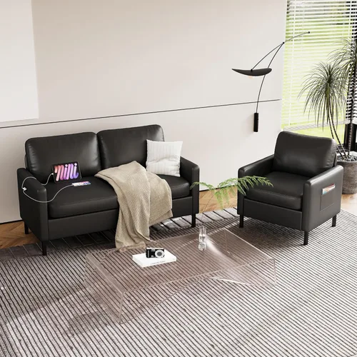 Miniatura 7 de STHOUYN Juego de 2 sillas decorativas de piel sintética negra con brazos, moderna silla de oficina pequeña, sillas de sala de espera para sala