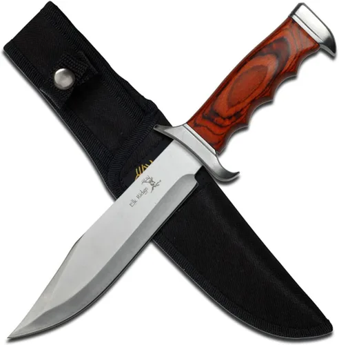 Elk Ridge - Cuchillo de hoja fija para exteriores - 12.5 pulgadas en total, hoja de acero inoxidable con acabado satinado, mango de madera, incluye