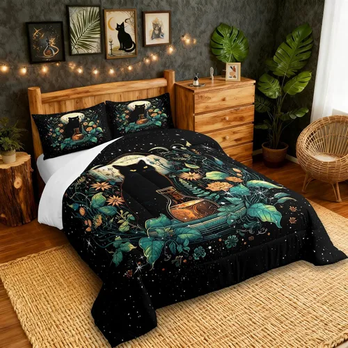 Miniatura 2 de Castle Fairy Juego de edredón con diseño de gato lindo para niños, tamaño twin, juego de ropa de cama con hojas de flores, luna, noche y cielo