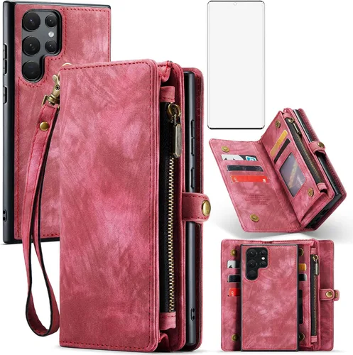 Asuwish Funda de teléfono para Samsung Galaxy S22 Ultra 5G con cremallera, protector de pantalla de vidrio templado y tarjetero abatible, accesorios