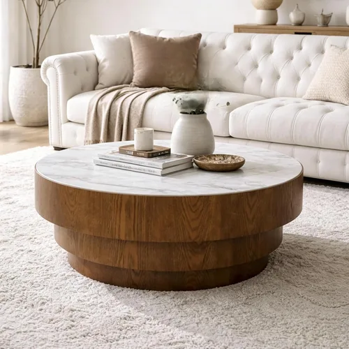 Miniatura 27 de KEVINSPACE Mesa auxiliar redonda pequeña para sala de estar, mesa auxiliar circular de madera, mesita de noche para apartamento, dormitorio, Ø 23.4