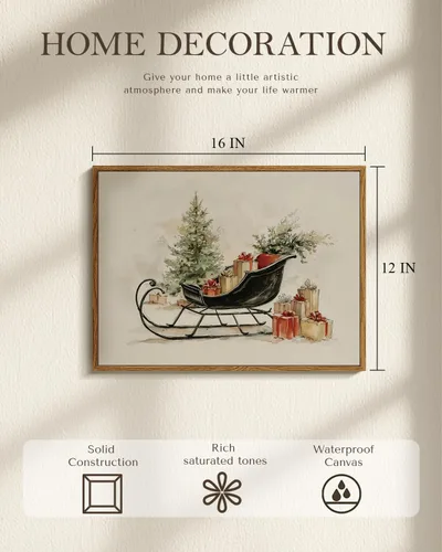 Miniatura 4 de Arte de pared con trineo, árbol navideño y cajas de regalo, 12 x 16 pulgadas, lienzo enmarcado de Navidad, cuadro rústico festivo, obra de arte