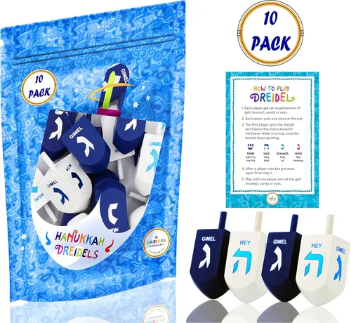 Miniatura 2 de Hanukkah Dreidel - Paquete de 10 Dreidels de madera extra grandes de 3 pulgadas pintados a mano, incluye tarjetas de instrucciones de juego