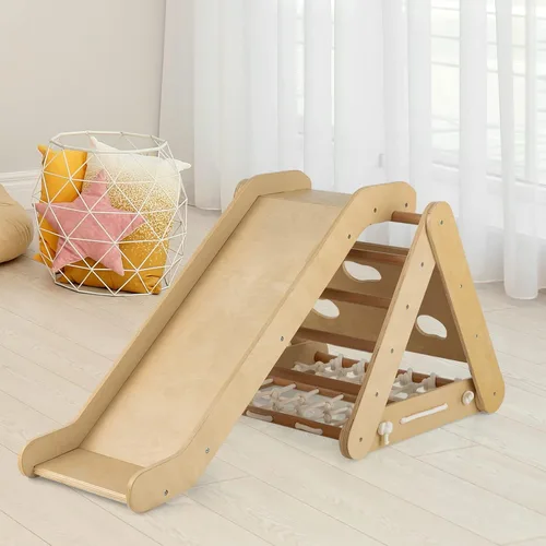 Miniatura 7 de HONEY JOY Escalador triangular 4 en 1 con rampa, escalera triangular de 3 lados para niños con cuerda de red y barras, juguetes de escalada Natural