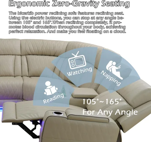 Miniatura 5 de Juego de sofá modular reclinable eléctrico para sala de estar, juego de sofá reclinable de cuero con luces LED / almacenamiento oculto, sofá