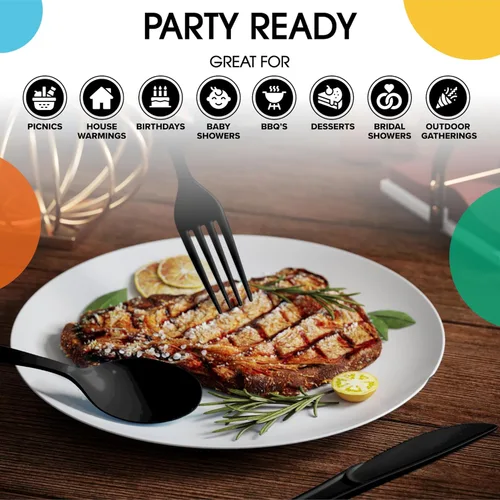 Miniatura 6 de Party Solids Cubiertos de plástico negro resistente, 150 piezas, cubiertos desechables negros, juegos de utensilios, 50 de cada tenedor, cuchillos
