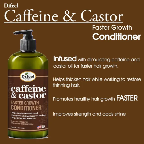 Miniatura 8 de Difeel Champú y acondicionador de 2 piezas de cafeína y ricino para un crecimiento más rápido del cabello, 33.8 onzas, juego de champú