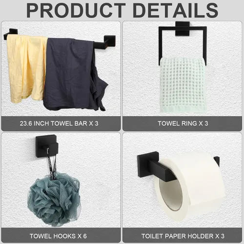 Miniatura 3 de Gisafai Juego de 15 piezas de accesorios de baño negros de 23.6 pulgadas, kit de barra de toalla de baño de acero inoxidable, toalleros, ganchos