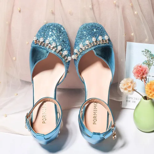 Miniatura 4 de Zapatos de vestir para niñas, tacones altos, zapatos planos para niños pequeños, zapatos de flores con purpurina brillante, para fiesta, boda