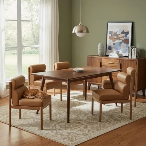 Miniatura 9 de CIMOTA Juego de 6 sillas de comedor tapizadas modernas, de piel sintética, sillas laterales sin brazos Boucle con respaldo curvo/patas de madera