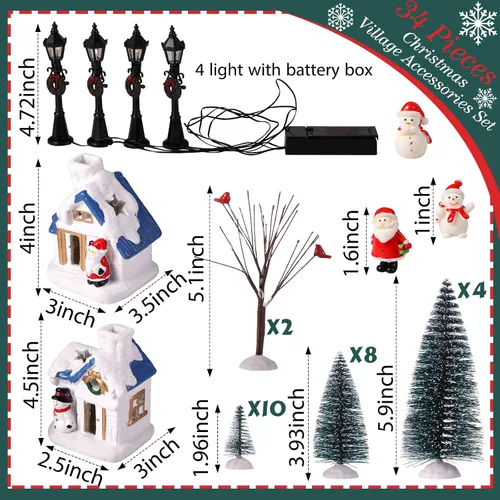 Miniatura 2 de Namalu Juego de 34 Piezas Casas de Pueblo Navideño, Juego de Accesorios Mini Árboles de Navidad, Santa, Muñeco de Nieve, Lámparas de Calle