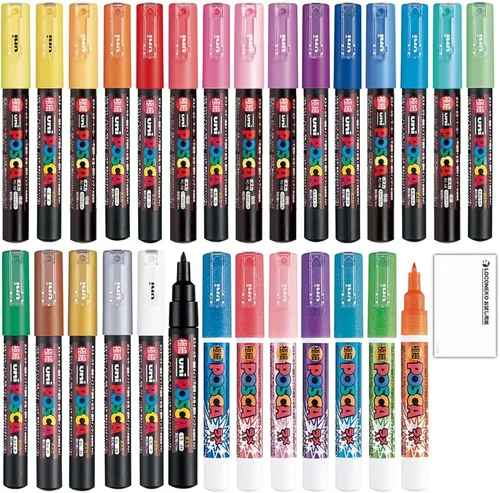 Posca - Marcador de pintura de punta extrafina (PC-1M, PC-1ML) 28 colores de gama completa, juego de póster Uni Mitsubishi, color de todo color,