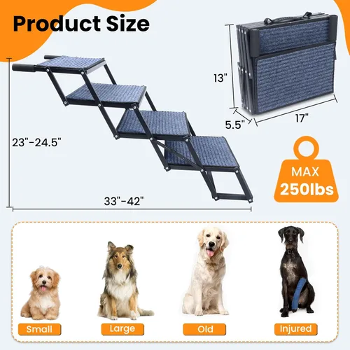 Miniatura 5 de Escaleras para perros para automóvil, 42 x 17 pulgadas, escaleras extra anchas para perros grandes de hasta 250 libras, escaleras portátiles