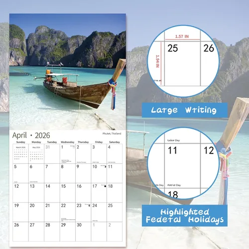 Miniatura 4 de Calendario de pared 2026, calendario 2026, noviembre de 2025 a diciembre de 2026, calendario de pared PLAYAS, 12 x 24 pulgadas abierto, página