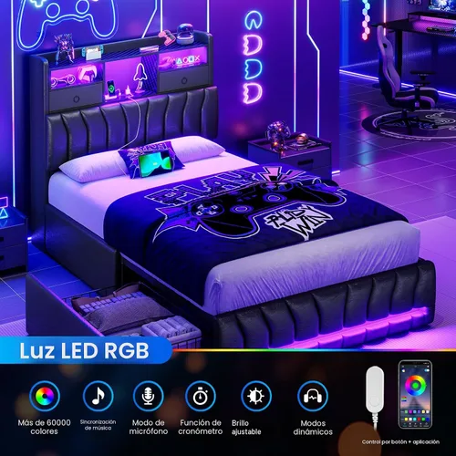Miniatura 5 de DICTAC Estructuras de Cama Gemela con Cabecera de Almacenamiento y 2 Cajones Grandes, Cama Gaming con Luces RGB y Estación de Carga, Cama
