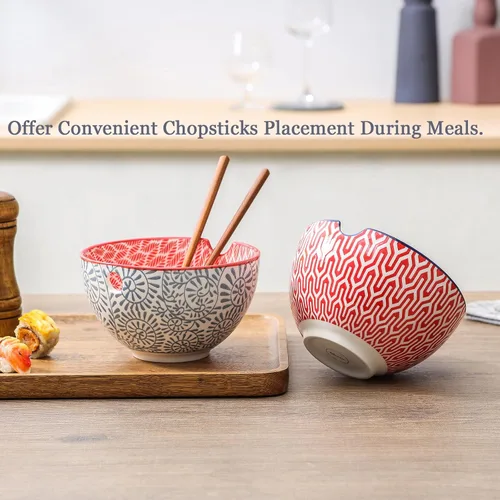 Miniatura 5 de Selamica Juego de cuencos de cerámica para ramen, cuencos de fideos de 15 onzas para cocina con palillos, cuencos profundos para sopa japonesa