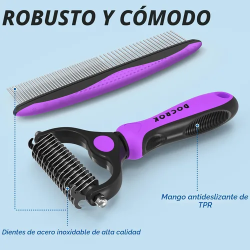 Miniatura 6 de Docrok Combo de Cepillo de Aseo para Mascotas y Peine de Metal - Rastrillo de Subcapa para Desenredar y Quitar Pelo Muerto de Perros y Gatos de Pelo