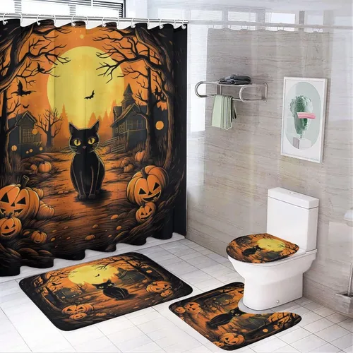 Miniatura 12 de Juego de 4 cortinas de ducha de Halloween, gato negro, luna llena, calabaza aterradora, cortina de ducha y alfombras, juego de cortina de ducha