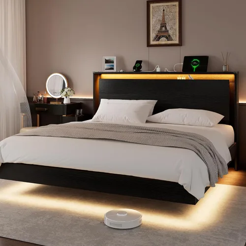 Miniatura 11 de Einhomn Marco de Cama Tamaño Queen con Luces LED y Estación de Carga – Marco de Cama Queen Flotante de Madera para Niños con Cabecera de Negro