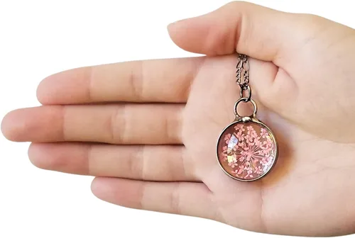 Miniatura 40 de Queen Anne's - Collar de encaje con colgante de flor prensada real en cristal hecho a mano, joyería de flores silvestres, collares de encaje