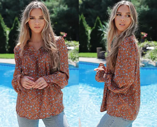 Miniatura 3 de HOTOUCH Blusas de manga larga para mujer, estilo bohemio, estampado floral, estilo casual, cuello en V, plisadas, con cordón ajustable