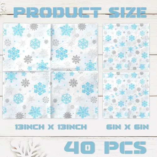 Miniatura 3 de Servilletas de invierno con copos de nieve para decoración de fiesta, diseño de copo de nieve de invierno, azul y blanco del país de las maravillas