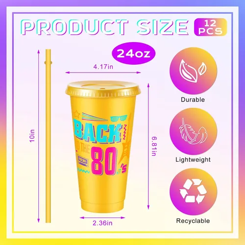 Miniatura 2 de Uiifan 12 vasos de plástico reutilizables de 24 onzas con tapa y popote para fiestas de los años 80, para decoración de fiestas de los 80
