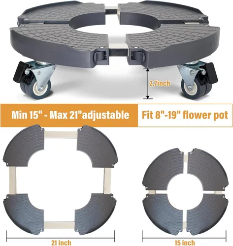 Miniatura 3 de Paquete de 2 soportes rodantes para plantas con ruedas, 15-21 pulgadas, ajustable, resistente, con ruedas para macetas de interior y exterior