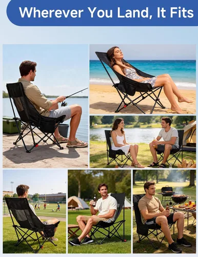 Miniatura 7 de Silla de campamento reclinable, silla plegable ajustable con respaldo de 100° a 140°, marco en X resistente que soporta 265 libras, respaldo