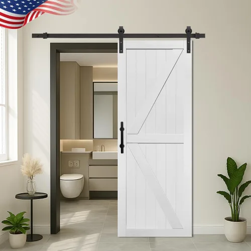 Miniatura 11 de S&Z TOPHAND® Puerta de granero doble de MDF de 18 x 84 pulgadas con kit de herrajes para puerta corredera de 6 pies, tablero sólido de puerta