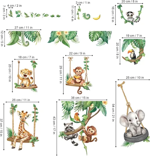 Miniatura 5 de decalmile Pegatinas de pared de animales de la selva en columpios, animales de safari, elefante, jirafa, mono, hojas tropicales, calcomanías