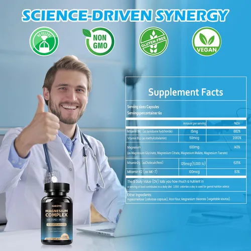 Miniatura 7 de Suplemento complejo de magnesio de 600 mg con cápsulas de alta absorción con vitaminas D3 K2 MK7 y B con glicinato, citrato y malato, relajación