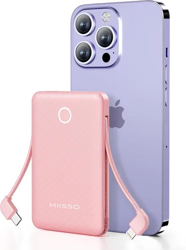 Miniatura 10 de Banco de energía ultra delgado de 6000 mAh, batería externa de 3 salidas compatible con iPhone, 2 unidades, color blanco y morado Paquete de 2 6000