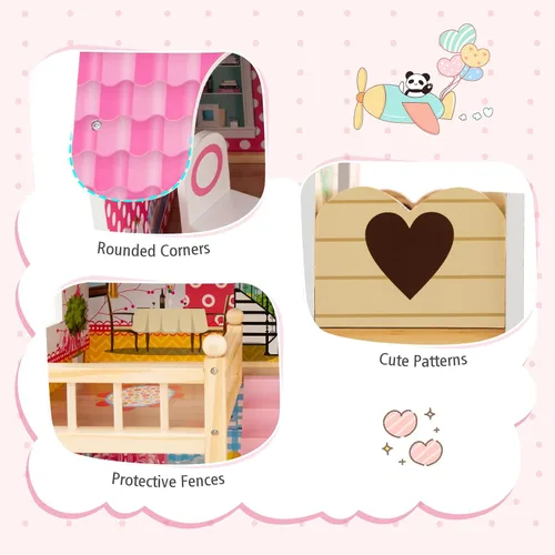 Miniatura 7 de HONEY JOY Casa de Muñecas Rosa, Casa de Muñecas de Madera para Niños con Balcón y Escaleras, 15 Piezas de Accesorios y Muebles Incluidos, Juguete