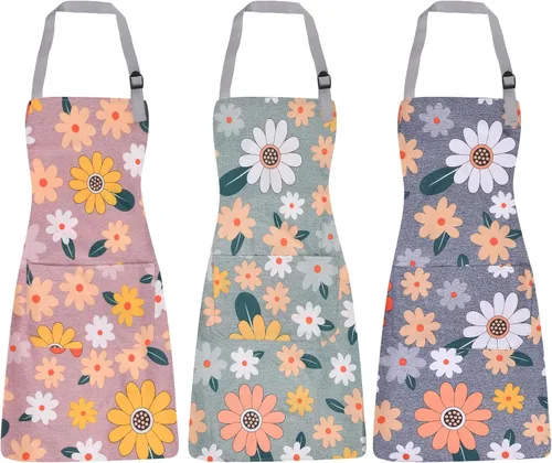 3 Pack Floral Apron for Women with Pockets, Adjustable Aprons for Women for Kitchen Cooking